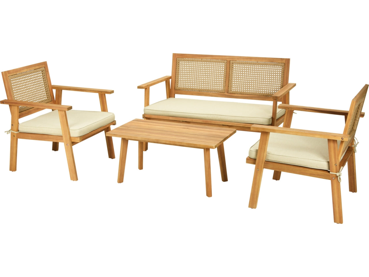 Set relax giardino in acacia colore naturale stile moderno - include 1 divano, 2 poltrone e 1 tavolino - sedie: 64x64x74 cm - panca: 117x64x74 cm - tavolo: 80x44x37 cm - Koopman