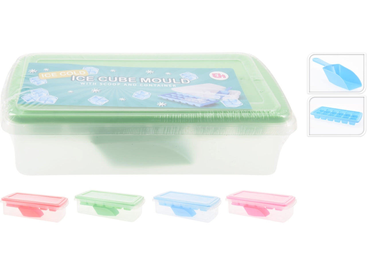 Vaschetta per Ghiaccio in plastica con Paletta e Contenitore - 18 Cubetti, Lavastoviglie-Safe, 4 Colori Assortiti - 27x13x7 cm
