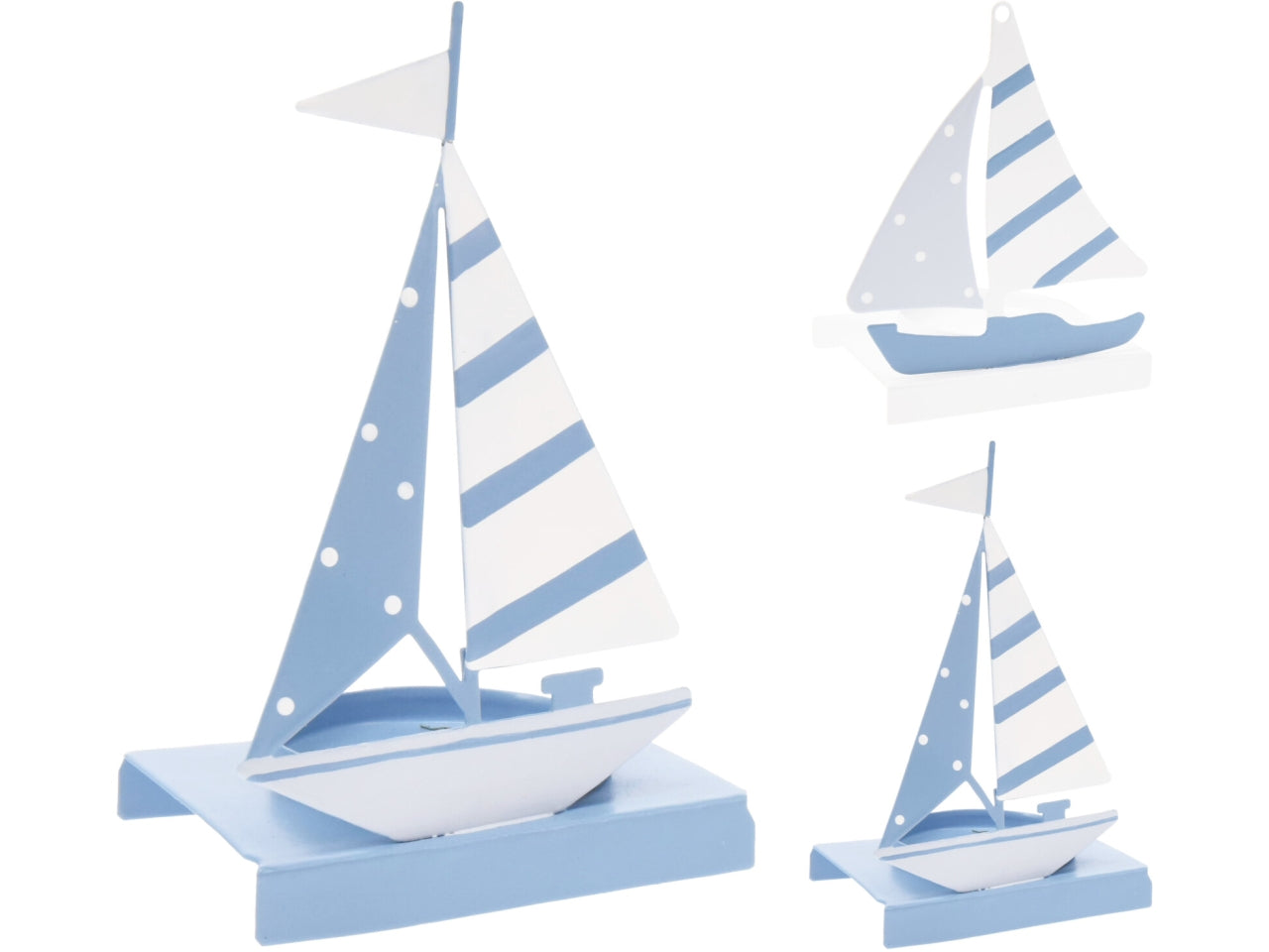 Porta candele barca a vela in ferro bianco e azzurro stile marinaro - 8x6x13 cm -  Koopman