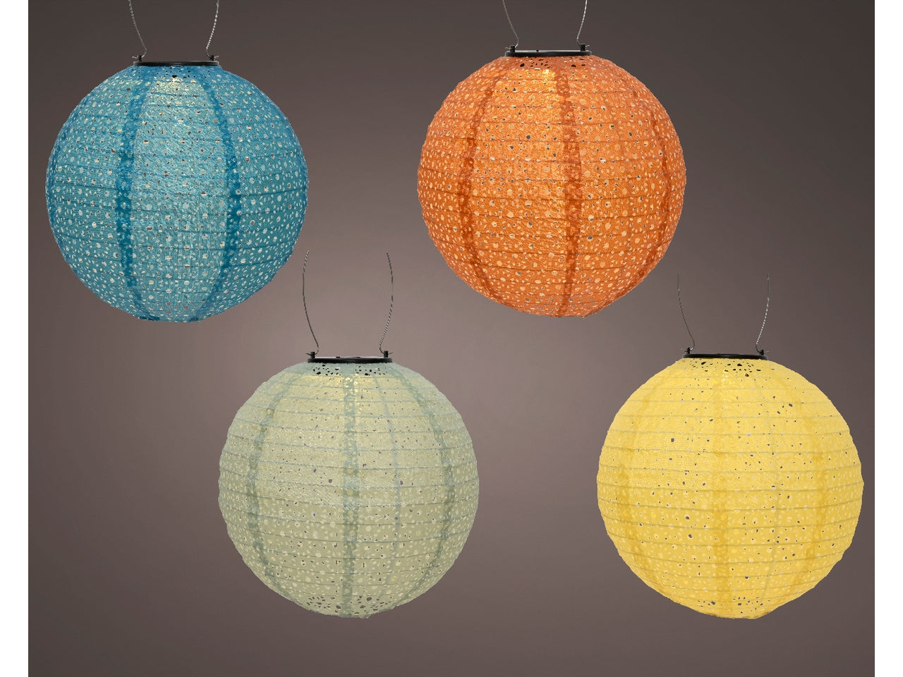 Lanterna solare in nylon diametro 25cm x altezza 23cm in 6 colori assortiti a luce fissa bianco caldo