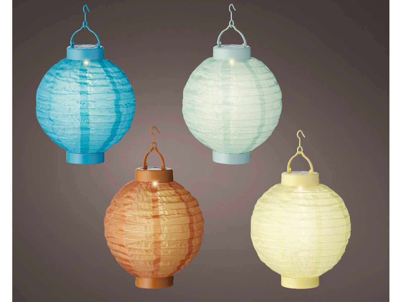 Lanterna solare in nylon diametro 20cm x altezza 23cm in 4 colori assortiti a luce fissa bianco caldo