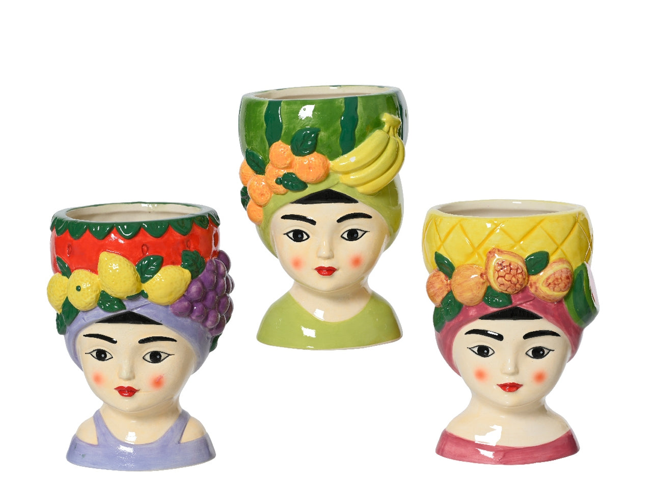 Vaso donna con frutta in dolomite 8,5x8,5cm x altezza 13,5cm in 3 assortimenti