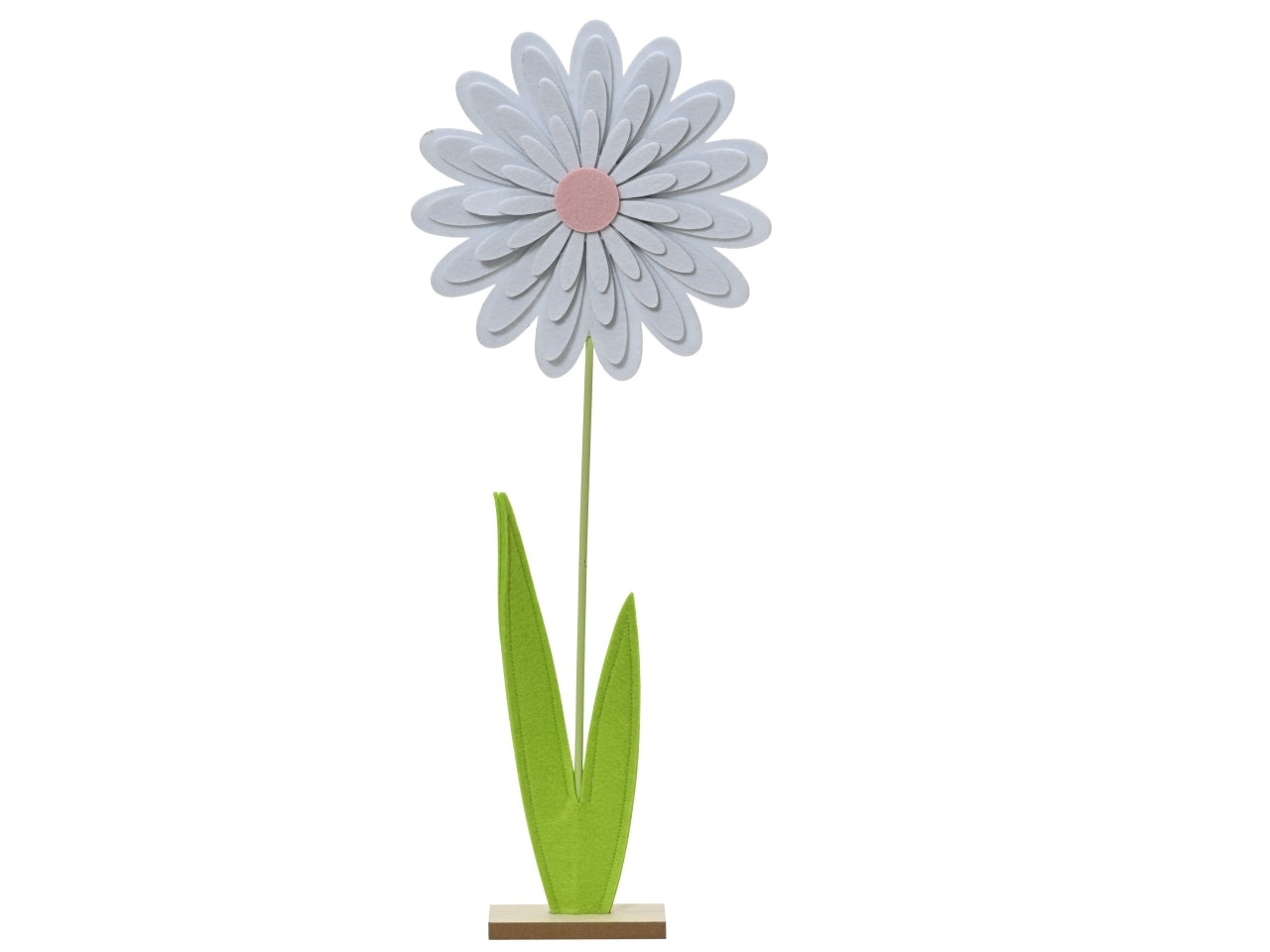 Fiore di feltro con petali bianchi con stelo in mdf e base in legno 6x24xh.63cm