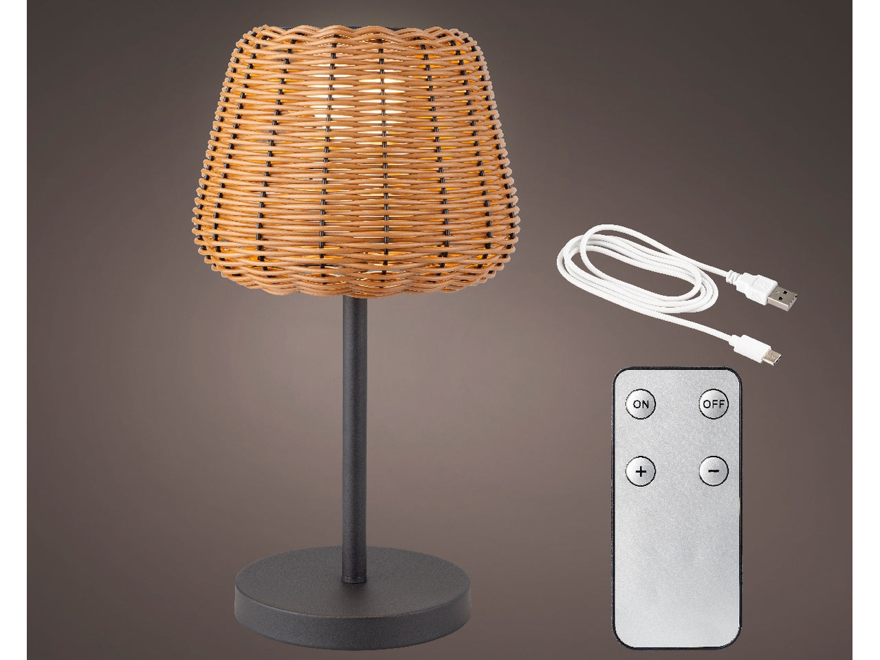 Lampada da tavolo in vimini con base di metallo nera, illuminazione bianco caldo regolabile, stile Jungle - 24x45 cm - Kaemingk