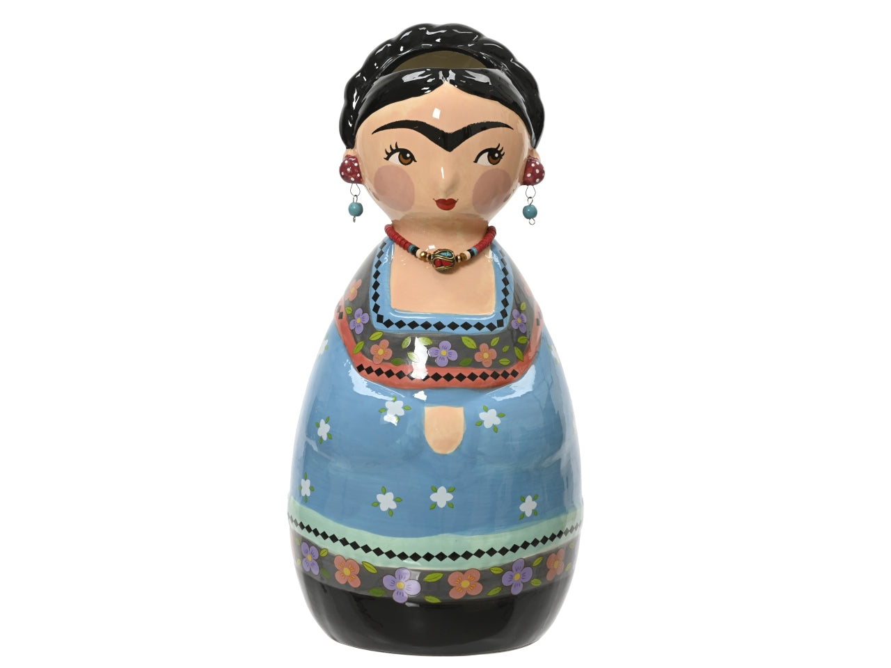 Vaso da fiori etnico in ceramica forma ovale Frida con decorazione floreale e collana - altezza 30 cm, diametro 15 cm, brand Kaemingk