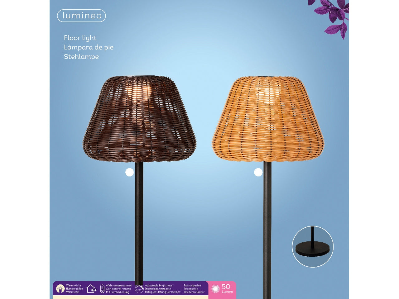 Lampada da terra in vimini con base di metallo nera, illuminazione bianco caldo regolabile, stile Jungle - H 150 cm - Kaemingk