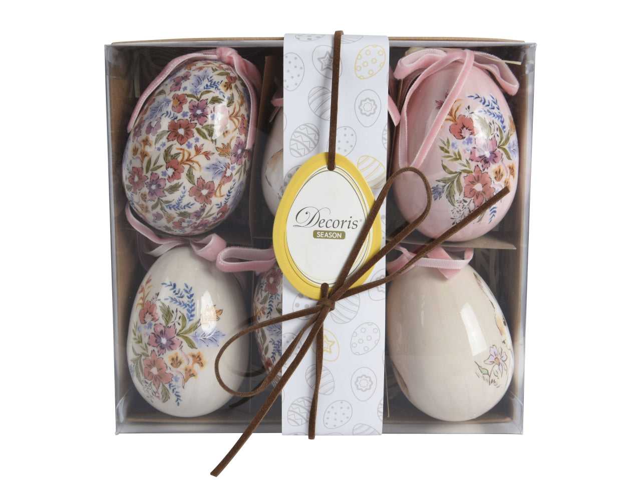 Uova decorate h.7,5xd.5cm - confezione da 6 uova con decori assortiti