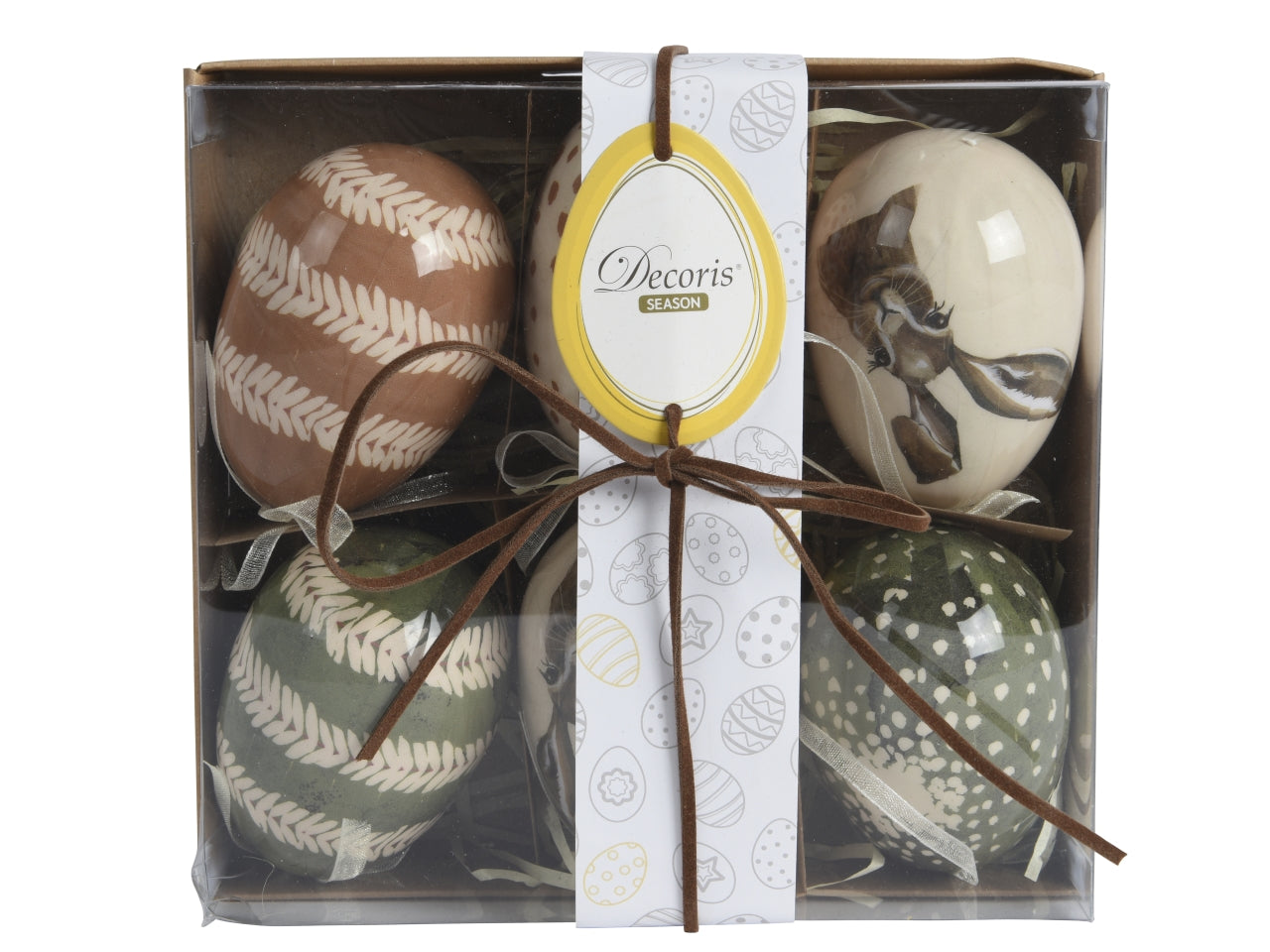 Uova decorate h.7,5xd.5cm - confezione da 6 uova con decori assortiti