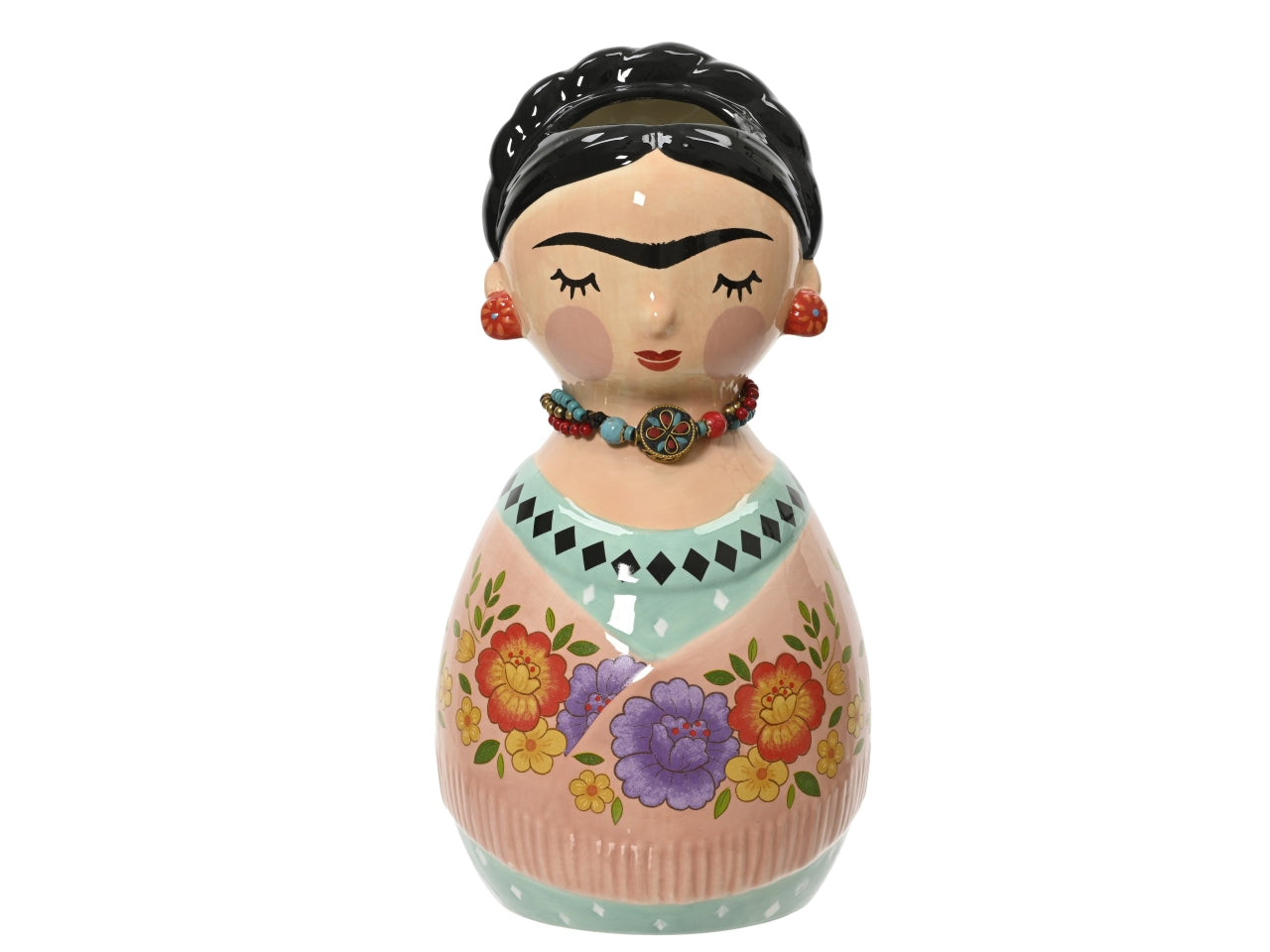 Vaso da fiori etnico in ceramica forma ovale Frida con decorazione floreale e collana - altezza 24 cm, diametro 12 cm, brand Kaemingk