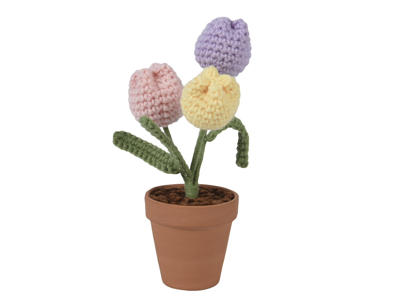 Pianta con 3 tulipani colorati lavorata a maglia in vaso 7x12xh.18cm