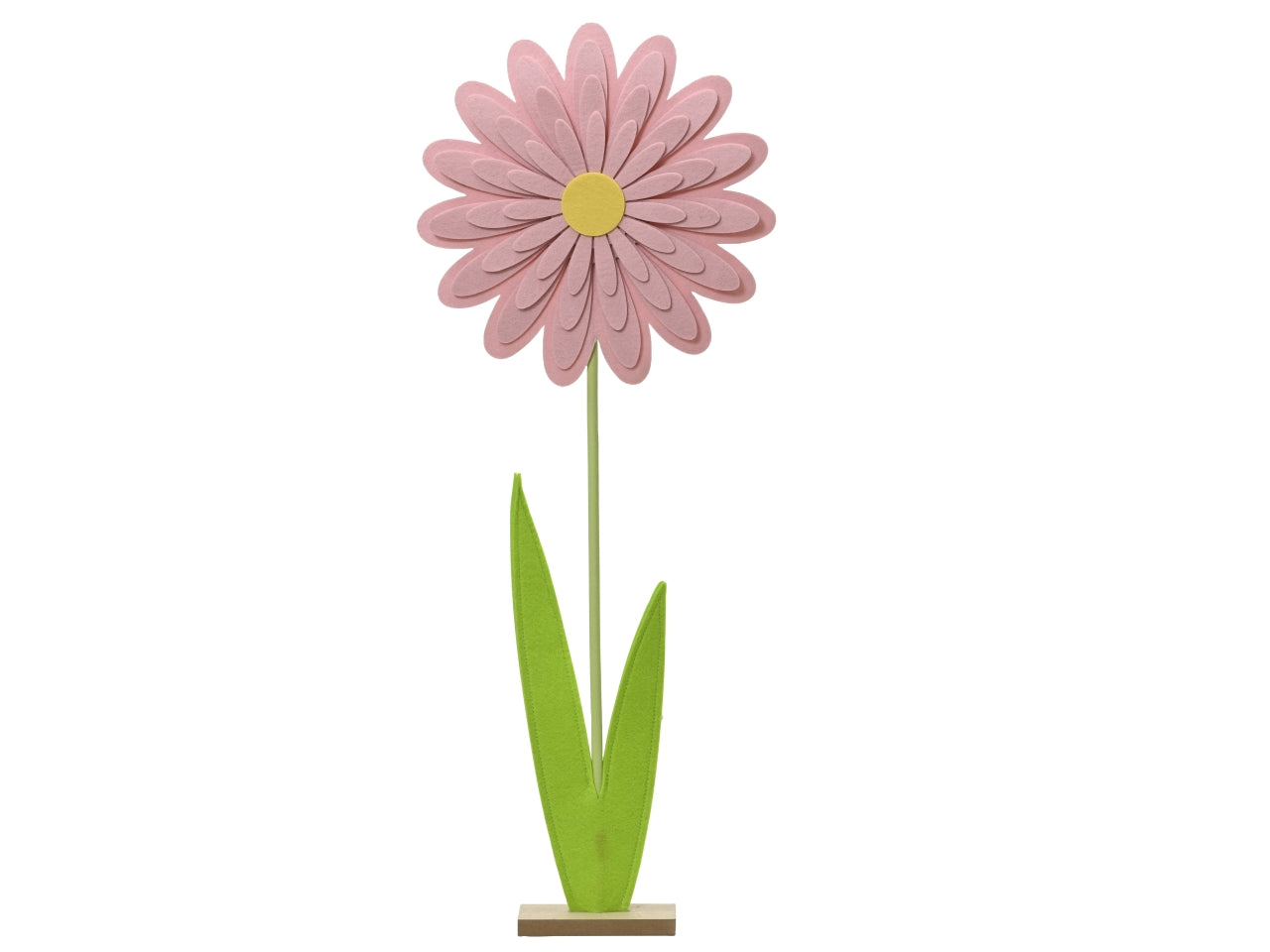 Fiore di feltro con petali rosa chiaro con stelo in mdf e base in legno 7x32xh.81cm