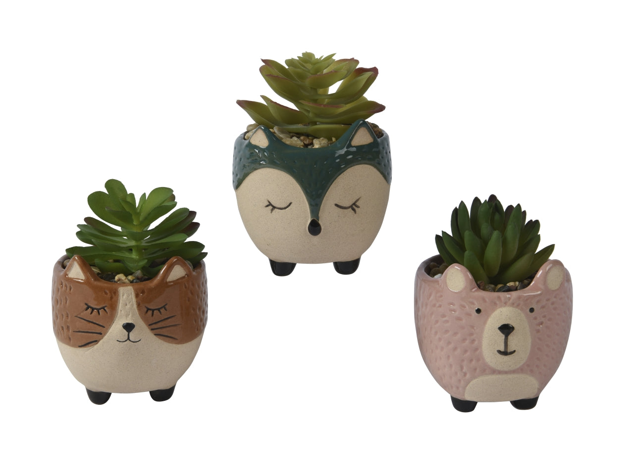 Piantina grassa artificiale in vaso ceramica con viso animaletto, stile Vintage realistico - 7x10,5cm - Kaemingk