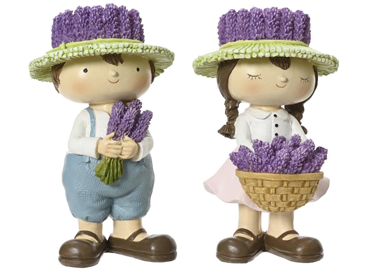 Statua bimbo/bimba in poliresina stile shabby con lavanda, 9x8,5xh.15,5cm - Kaemingk