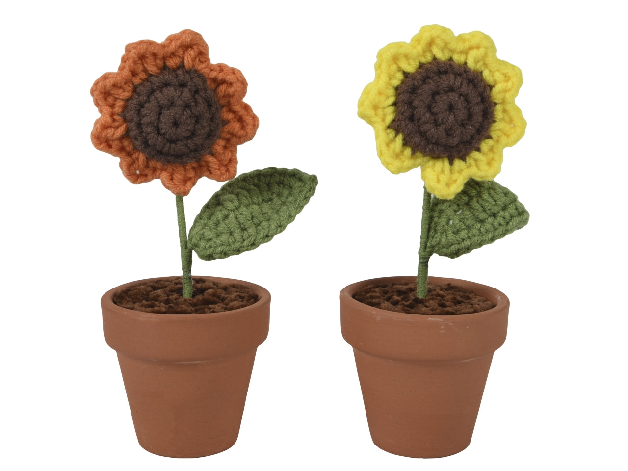 Girasole artificiale lavorato a maglia, stelo in tessuto e ferro, vaso terracotta 5,5x14 cm - Decoris