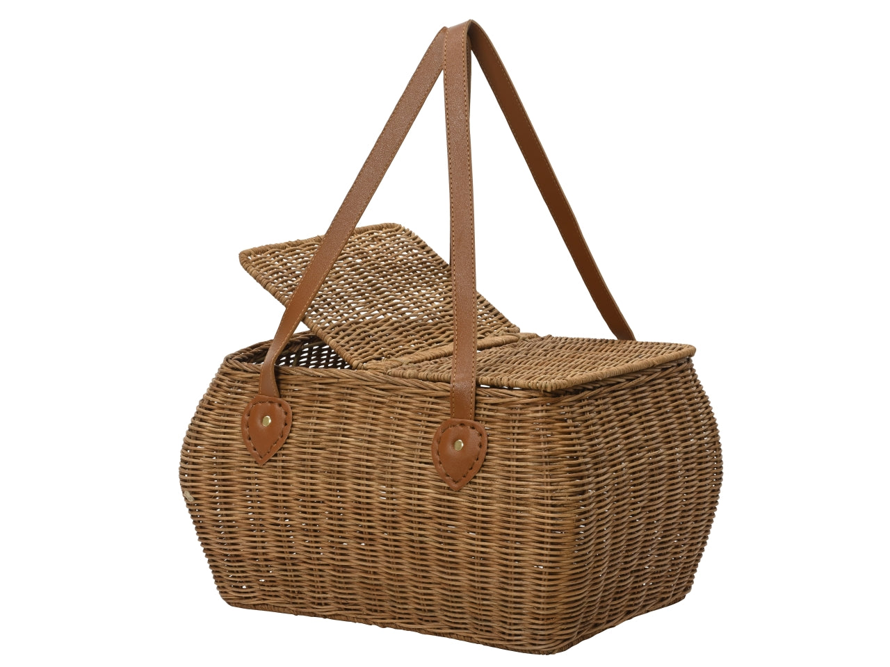 Cestino Portaoggetti in rattan con coperchio e maniglie in Simil Pelle, Stile Rustico - Kaemingk - 38x31x23cm