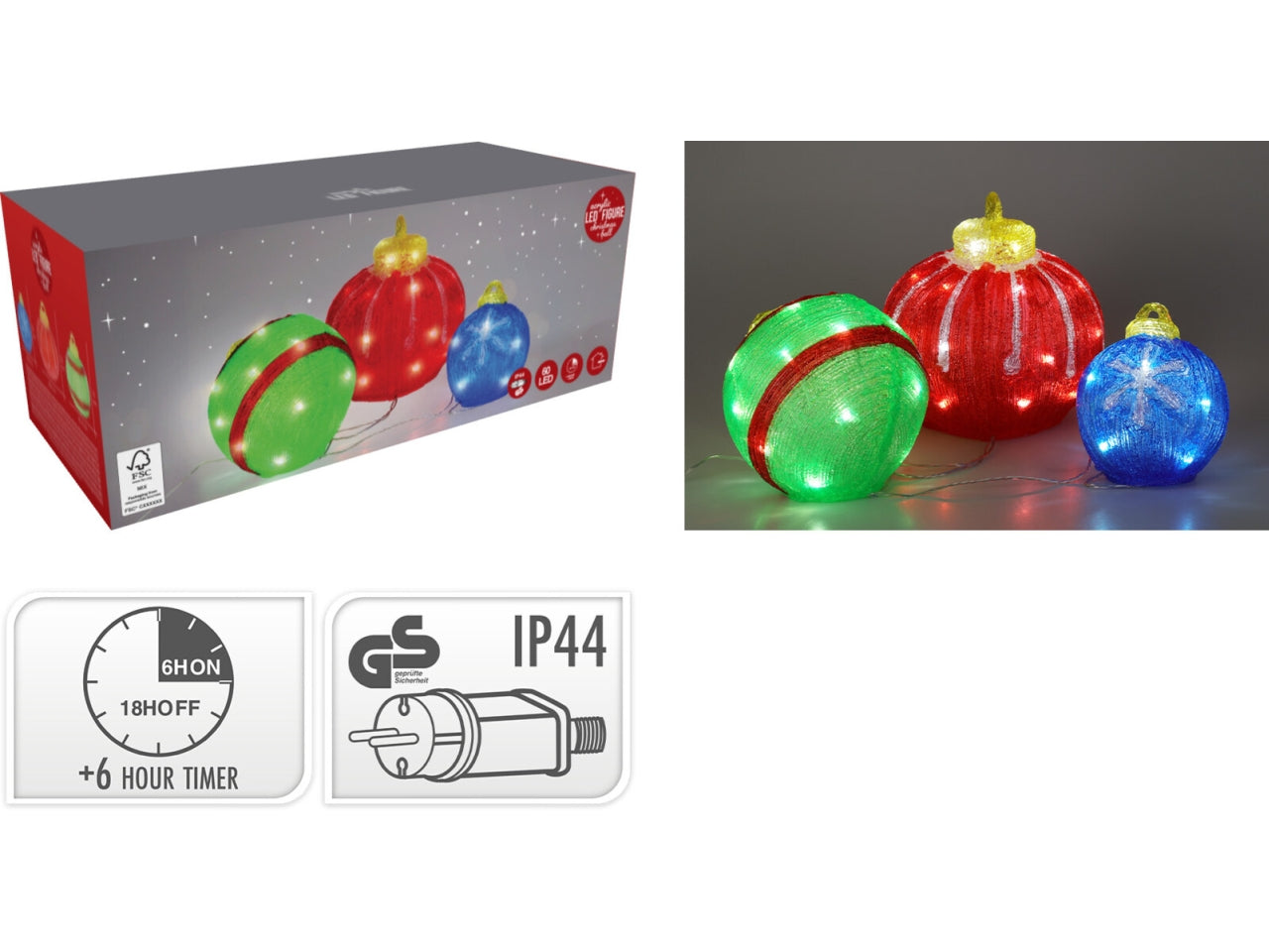 Palle natalizie acriliche 60 led 30-20-15cm set da 3 sfere