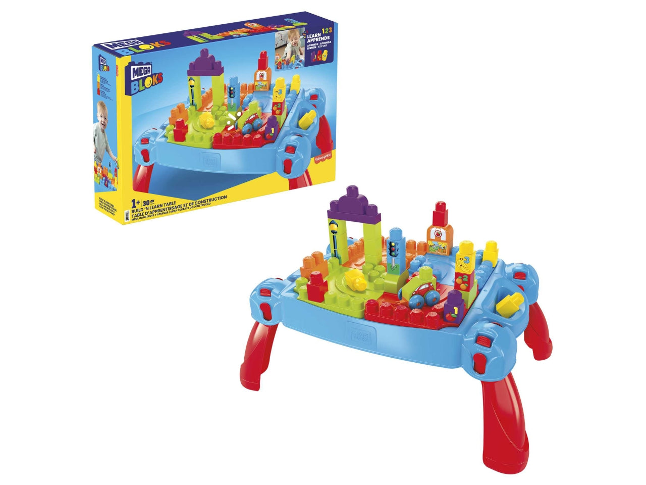 Mega Bloks- First Builders Tavolino Multi attività Blu e Rosso, 3 in 1 con 30 Blocchi da Costruzione, Giocattolo per Bambini 1+Anni - Mattel