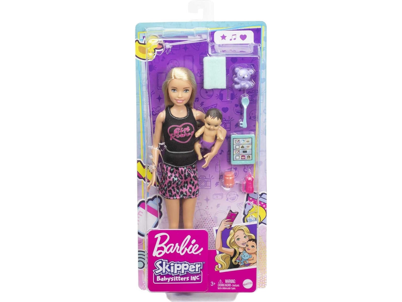 Barbie Skipper babysitter doll con bebè e accessori, per bambine dai 3+ anni, Mattel