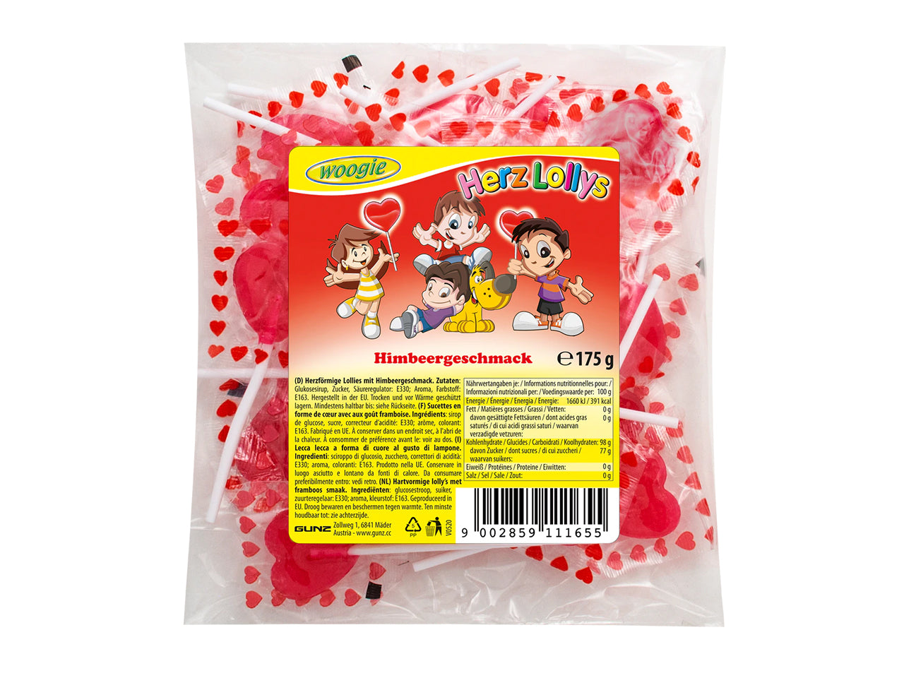 Woogie lecca lecca cuori con sapore di lamponi 175g