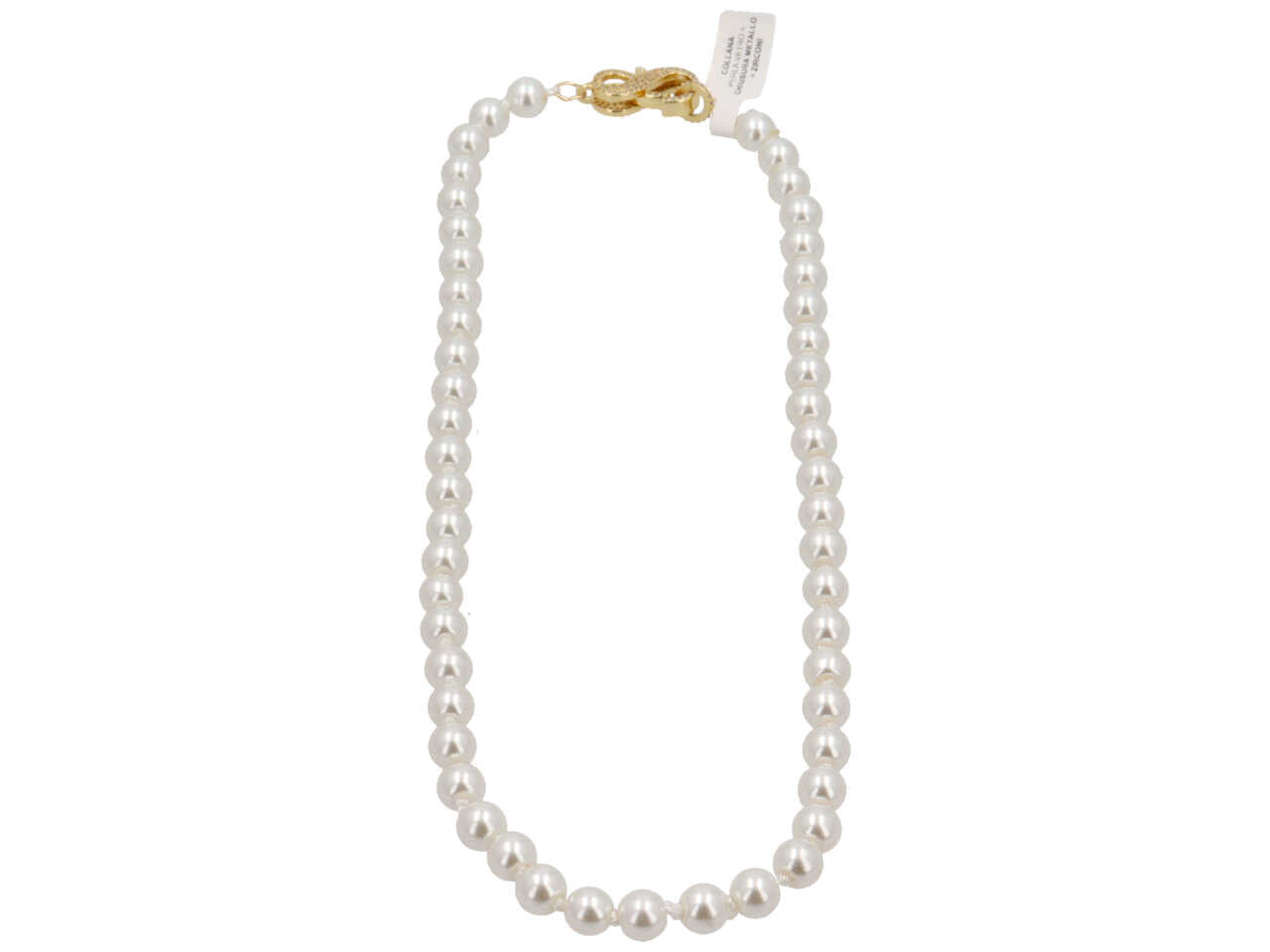 Collana con perla in vetro 8mmx45cm e chiusura metallo e zirconi