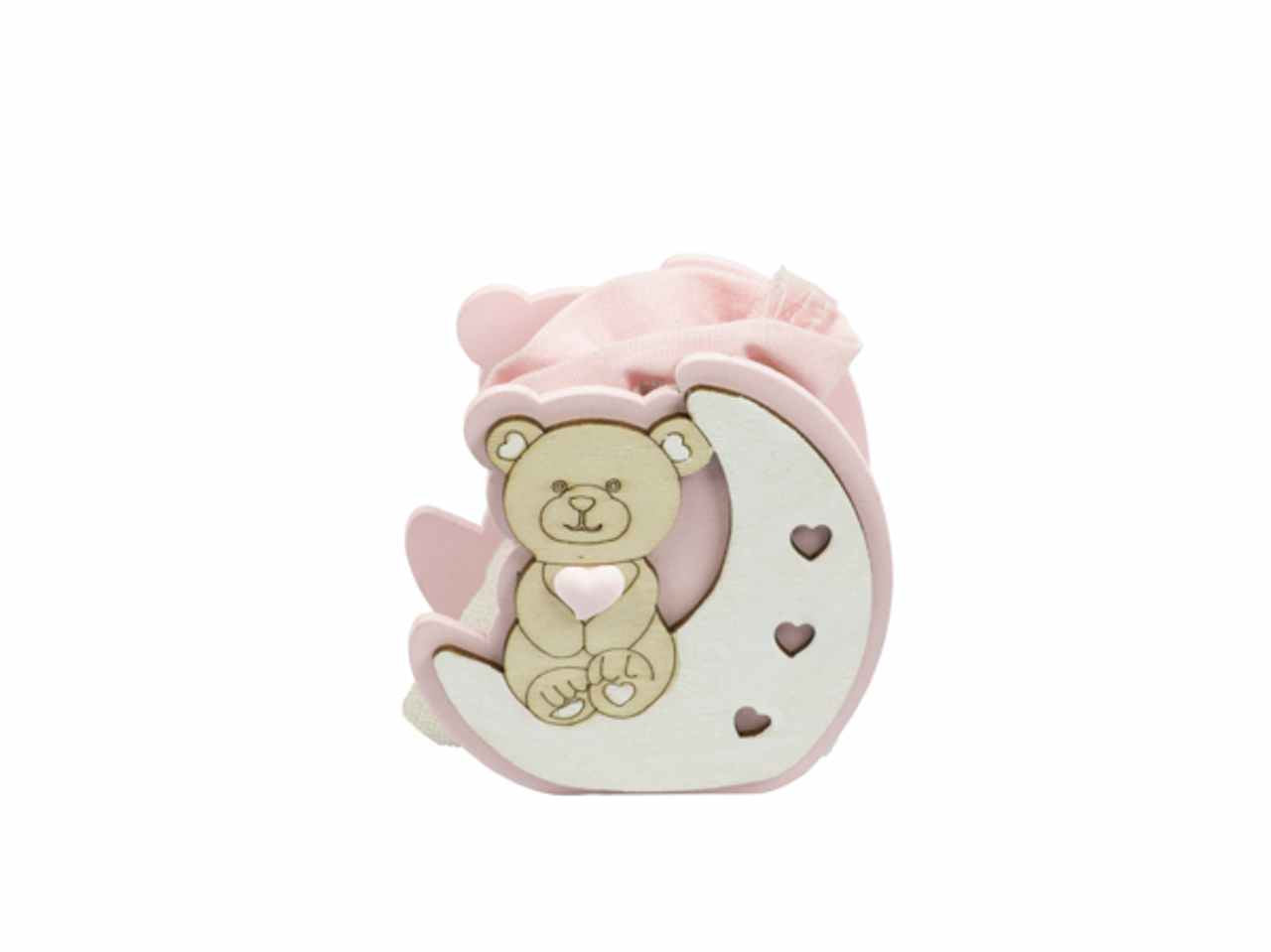 Scatola di legno con orsetto e sacchetto colore rosa