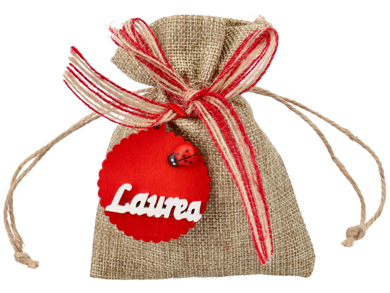 Sacchetto in yuta con applique laurea e coccinella