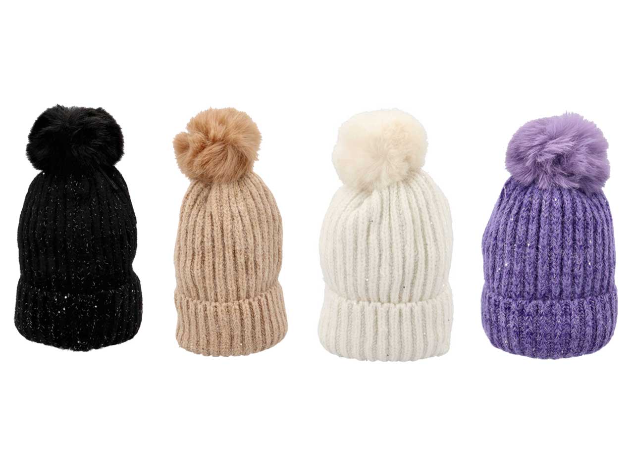 Cappello donna con pon pon nei colori bianco, lilla, nero e taupe