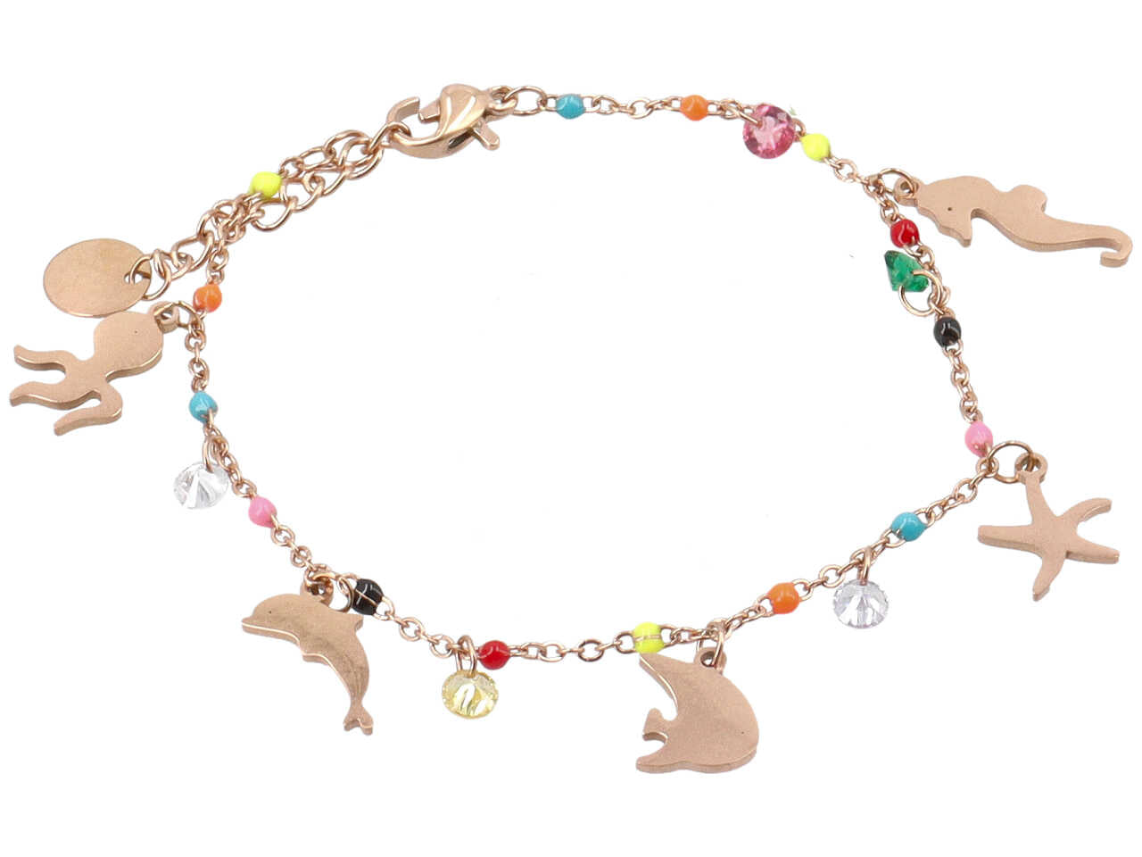 Bracciale con cristalli multicolor e soggetti marini oro rosa