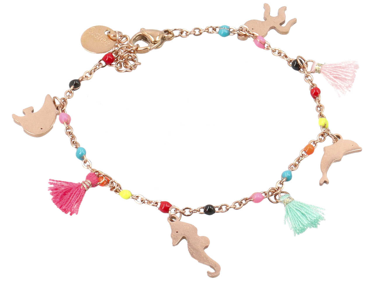 Bracciale con cristalli multicolor, nappine e soggetti marini oro rosa