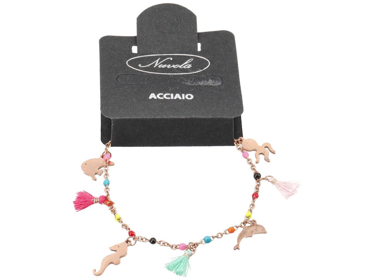 Bracciale con cristalli multicolor, nappine e soggetti marini oro rosa