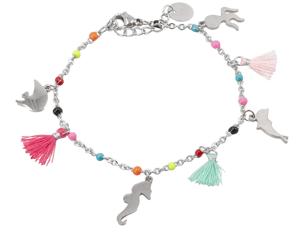 Bracciale con cristalli multicolor, nappine e soggetti marini