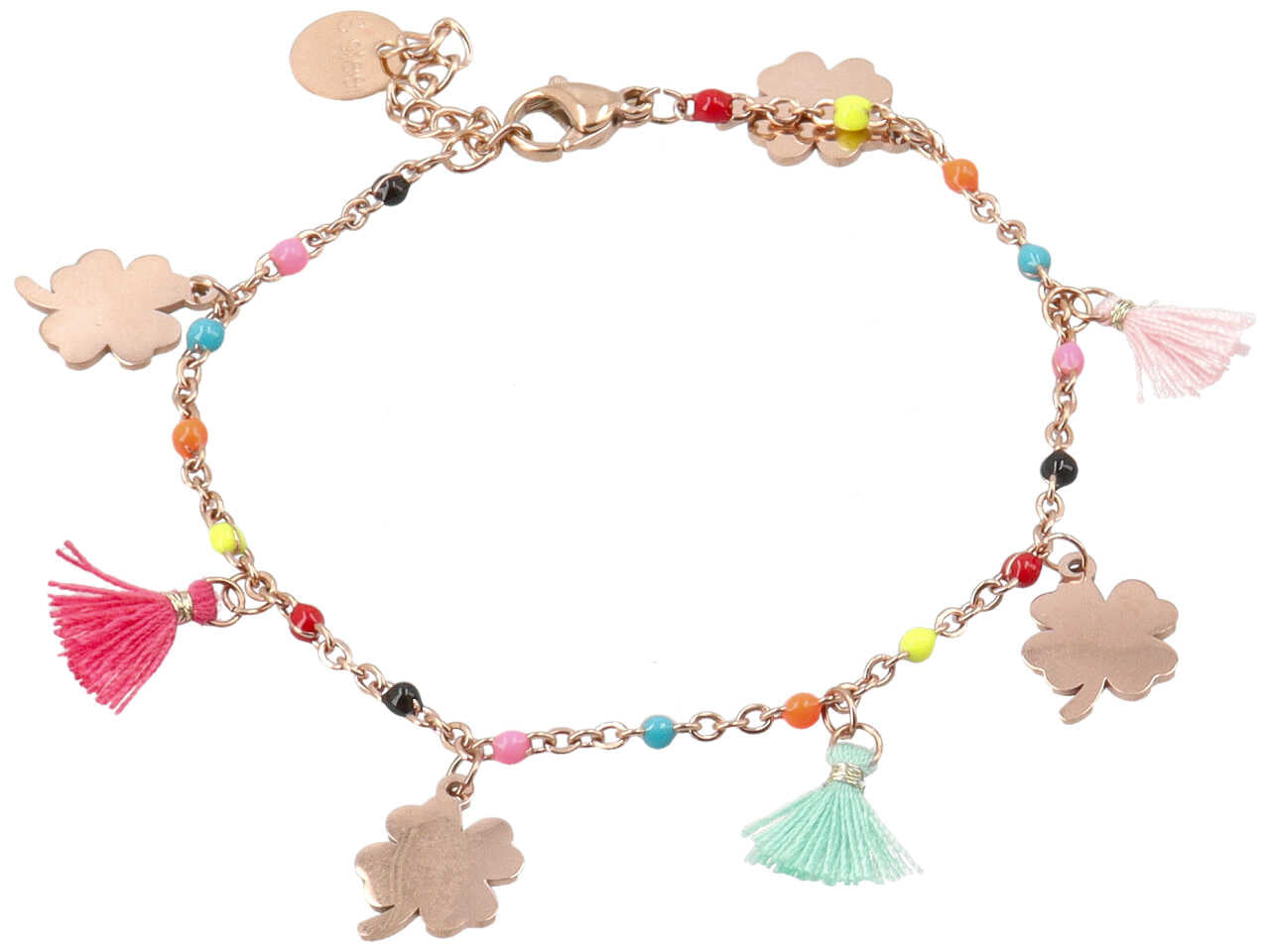 Bracciale con cristalli multicolor e nappine oro rosa