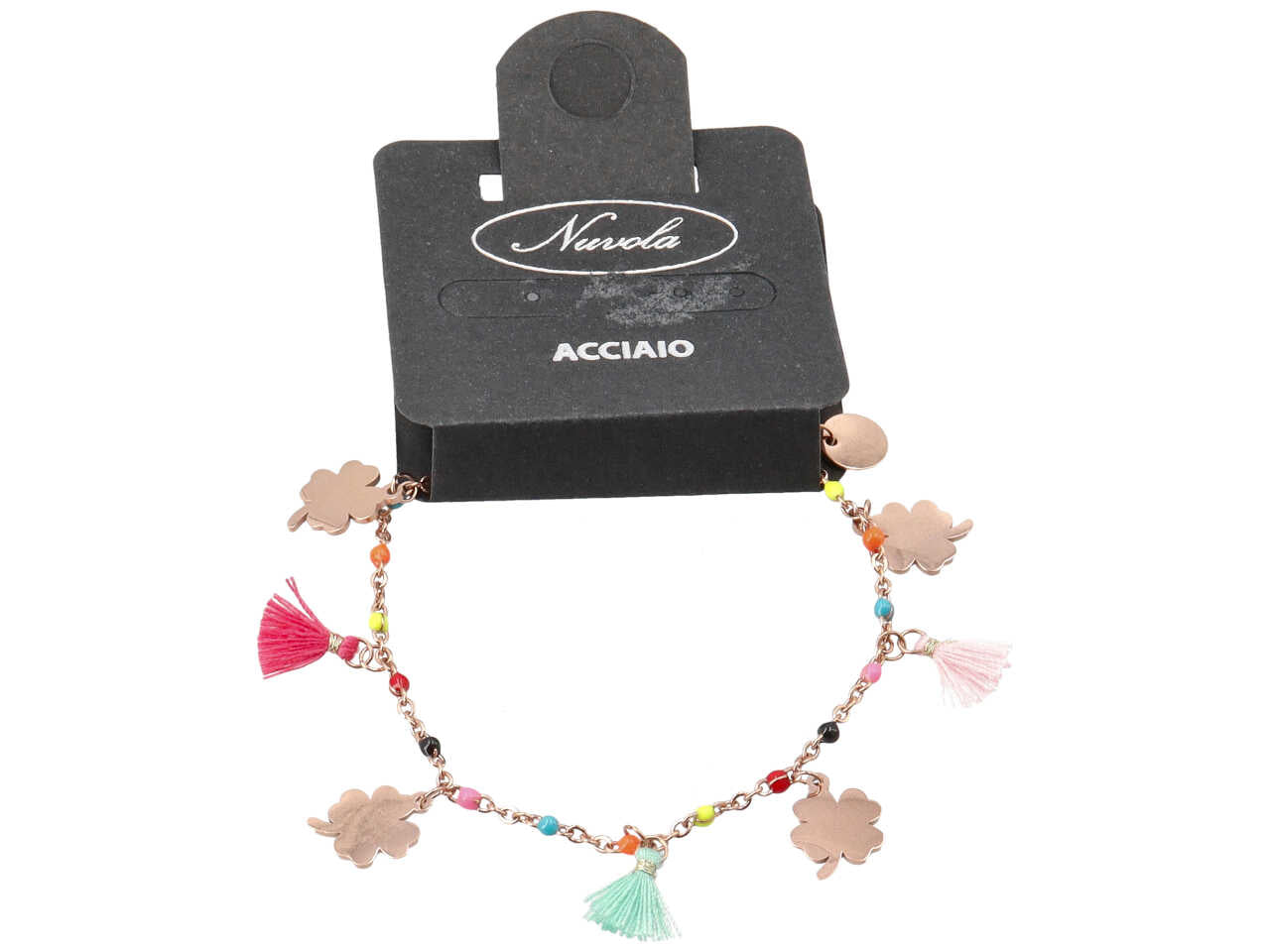 Bracciale con cristalli multicolor e nappine oro rosa