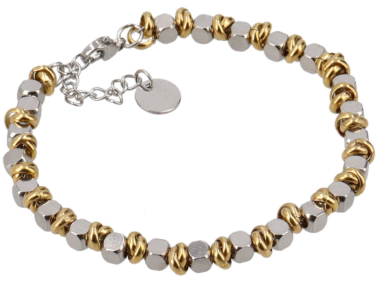 Bracciale in acciaio con cubi e anellini oro
