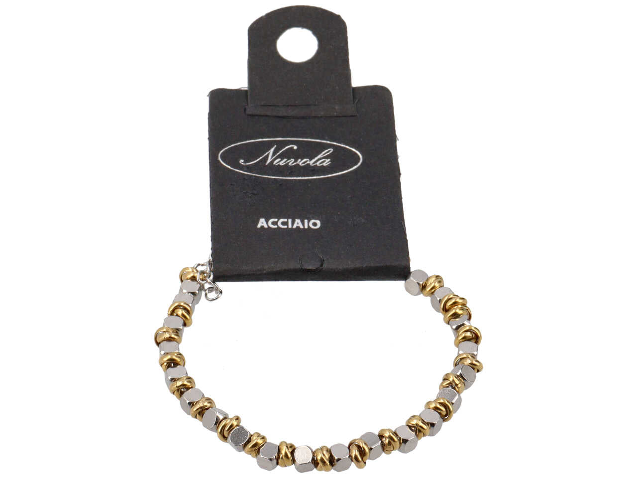 Bracciale in acciaio con cubi e anellini oro