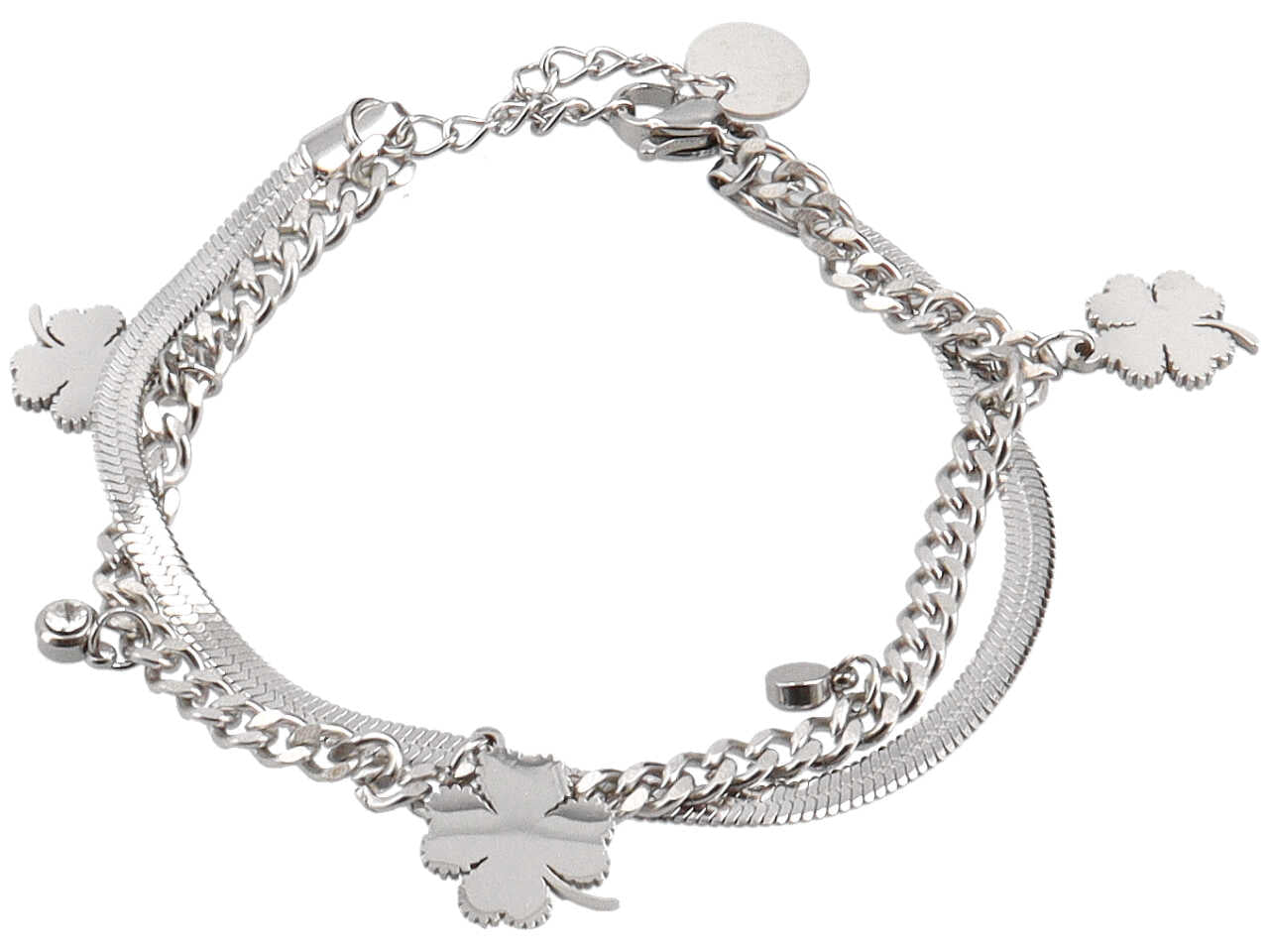 Bracciale 2 fili con piattina, catena e quadrifogli