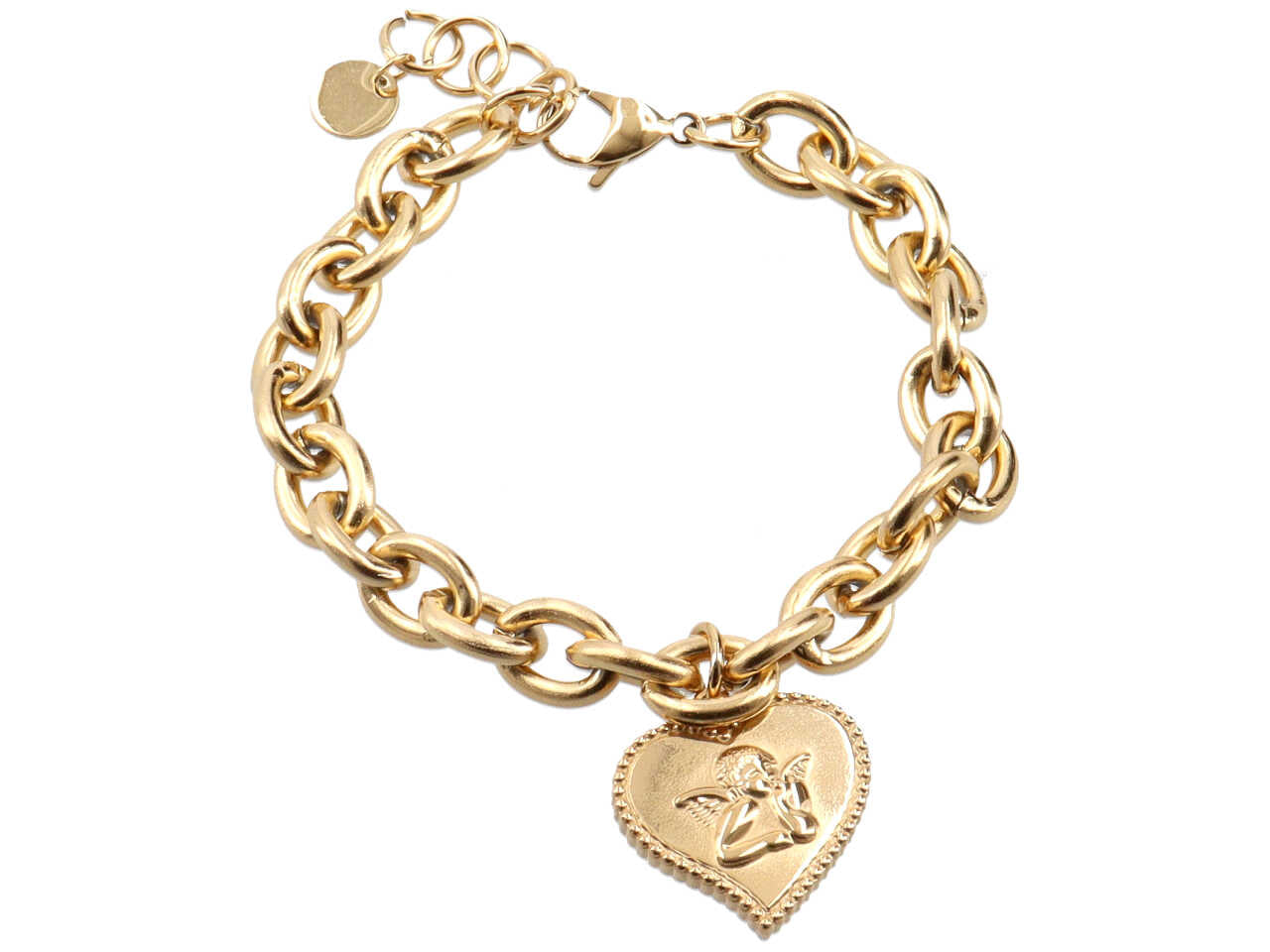 Bracciale oro a catena con ciondolo a forma di cuore e angelo in rilievo