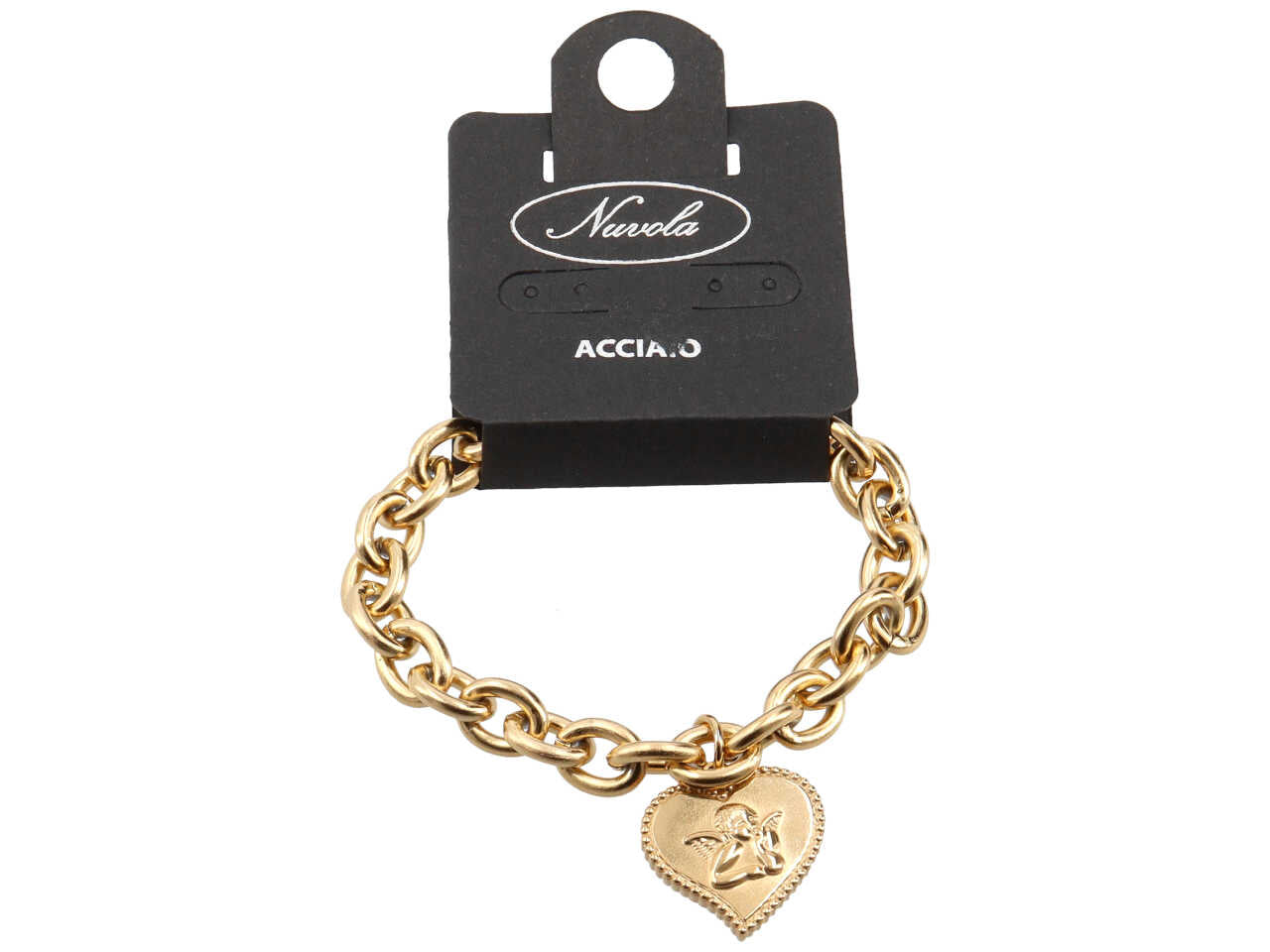 Bracciale oro a catena con ciondolo a forma di cuore e angelo in rilievo