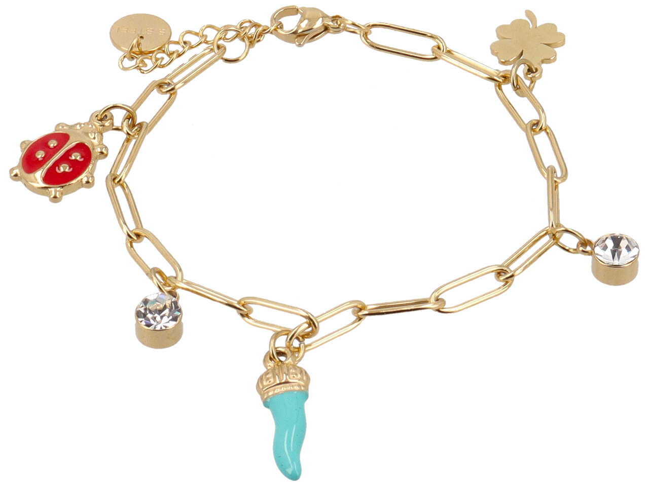 Bracciale con corno turchese, coccinella e quadrifoglio oro