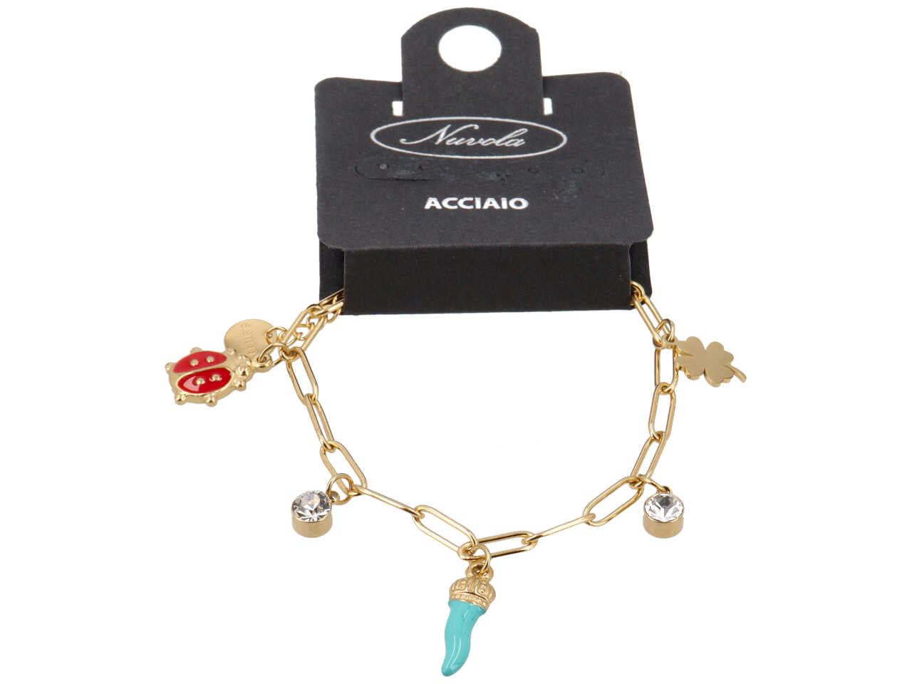 Bracciale con corno turchese, coccinella e quadrifoglio oro