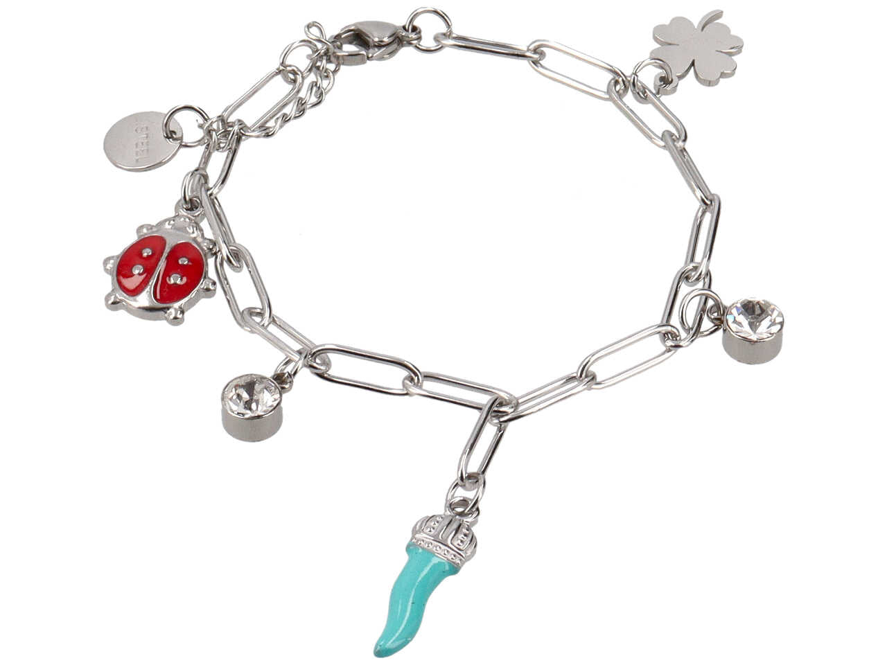 Bracciale con corno turchese, coccinella e quadrifoglio