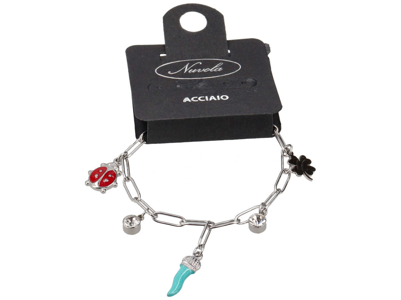 Bracciale con corno turchese, coccinella e quadrifoglio