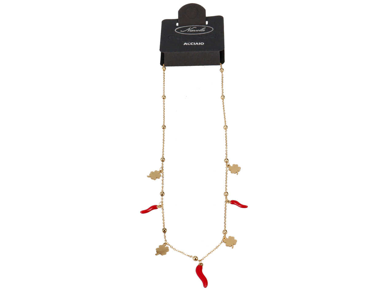 Collana in acciaio oro con quadrifogli e 3 corni