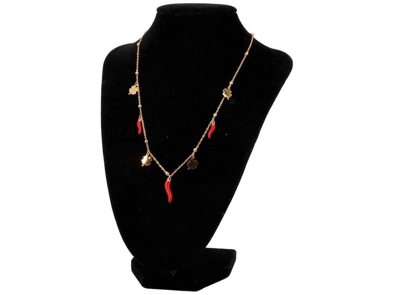Collana in acciaio oro con quadrifogli e 3 corni