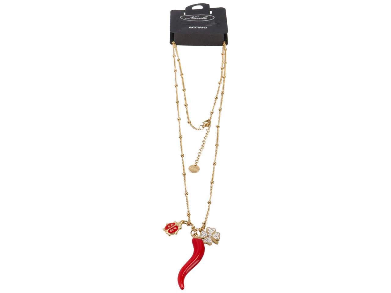 Collana oro con charme a forma di coccinella, quadrifoglio e corno maxi