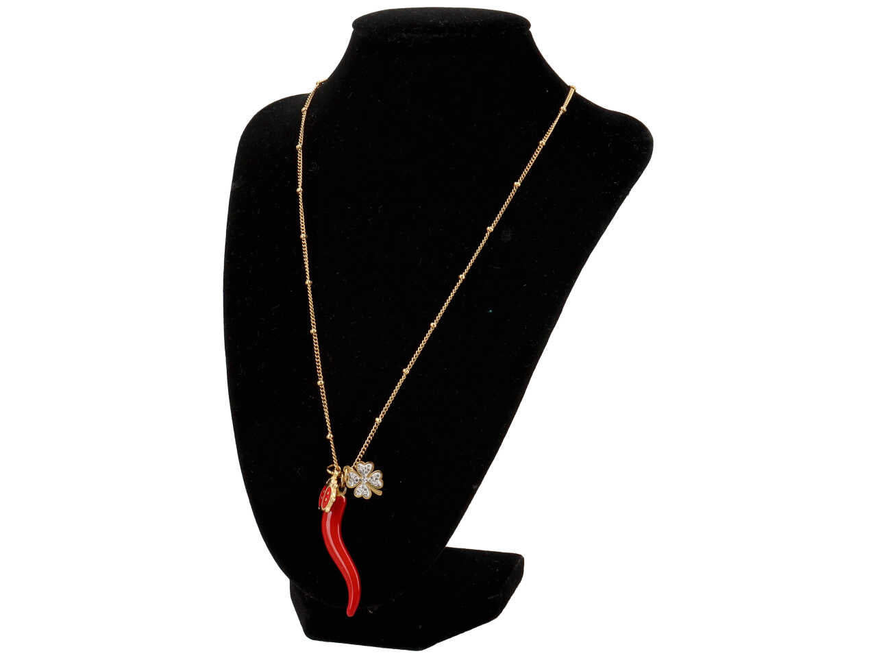 Collana oro con charme a forma di coccinella, quadrifoglio e corno maxi
