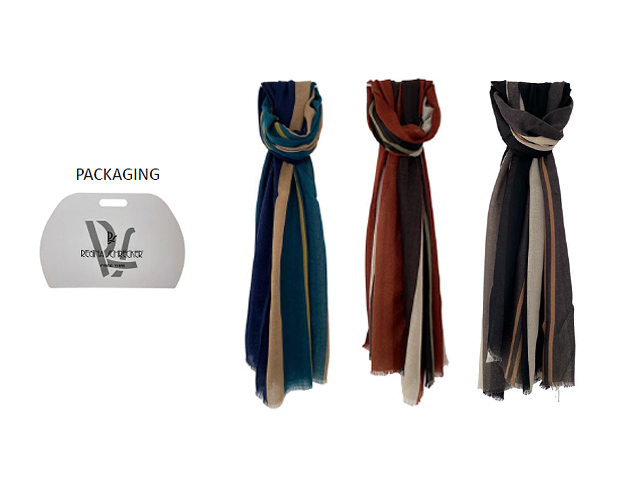 sciarpa a righe nei colori nero, taupe e blu