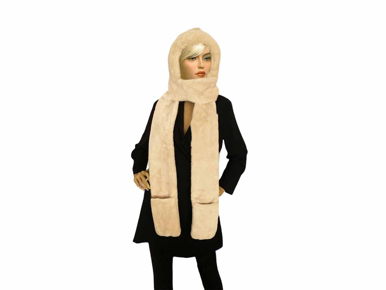 Sciarpa cappuccio donna beige chiaro con tasche