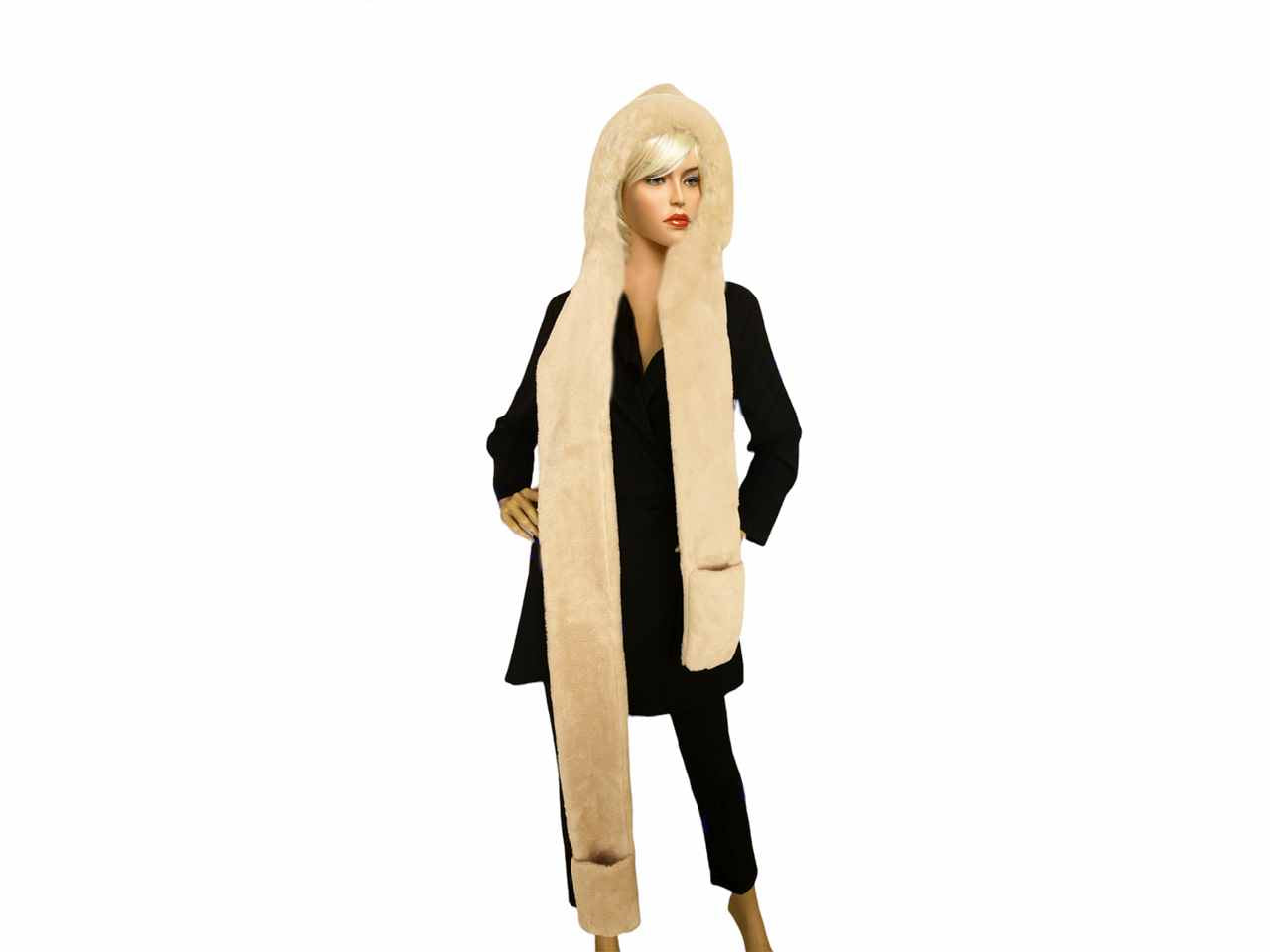 Sciarpa cappuccio donna beige chiaro con tasche