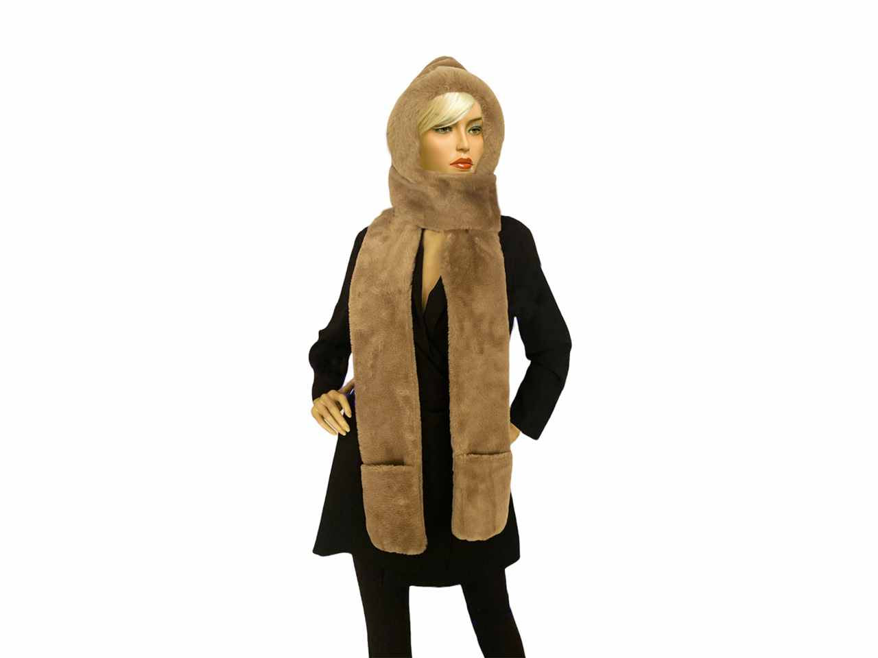 Sciarpa cappuccio donna beige scuro con tasche